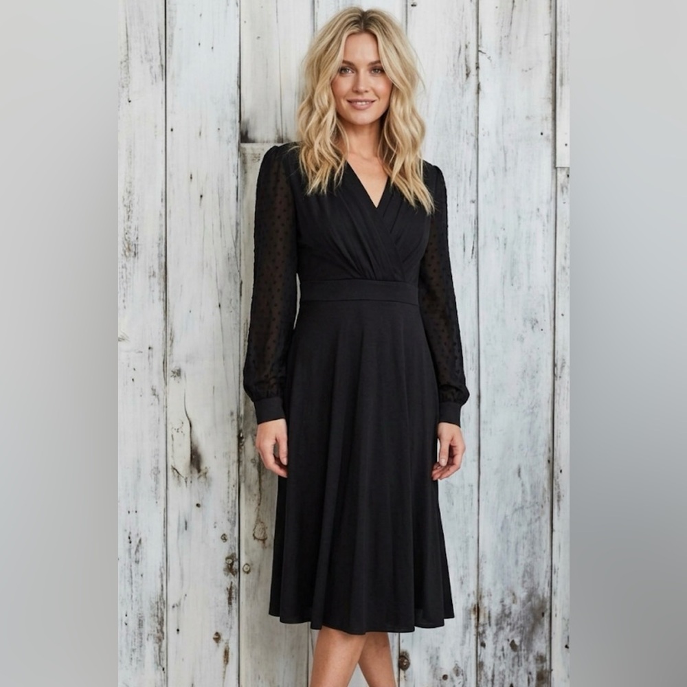 NWT Classic Black Sheer Long Sleeve Midi Dress